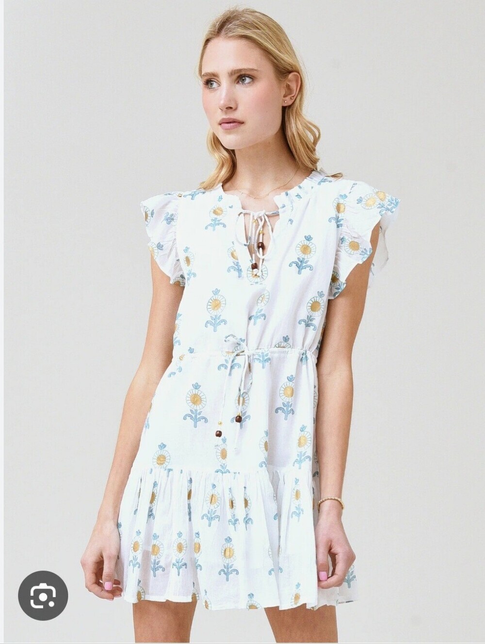 Oliphant Flirty Dress White Blue Floral Print Ruffle Sleeve Mini Dress Size L